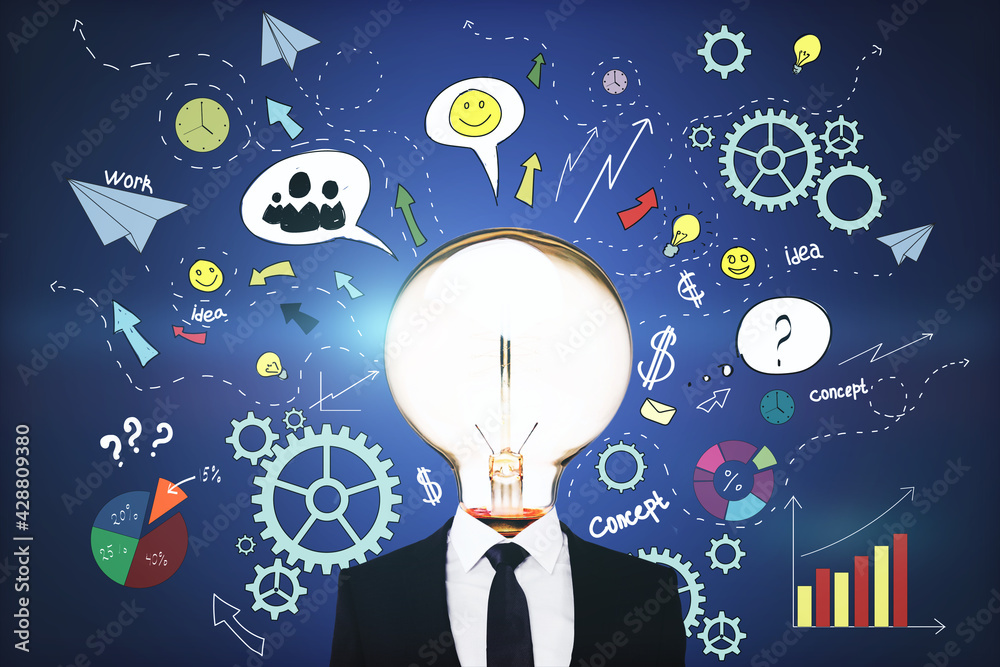Poster idea and innovation concept with glowing light bulb on man body shoulders and background with gears,