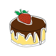 Chocolate cake with strawberry on top hand drawn illustration outline colors