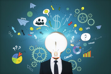 Brainstorming and idea concept with light glowing light bulb instead of head on man and handwritten sketch of social media icons, dollar sign and question mark backdrop