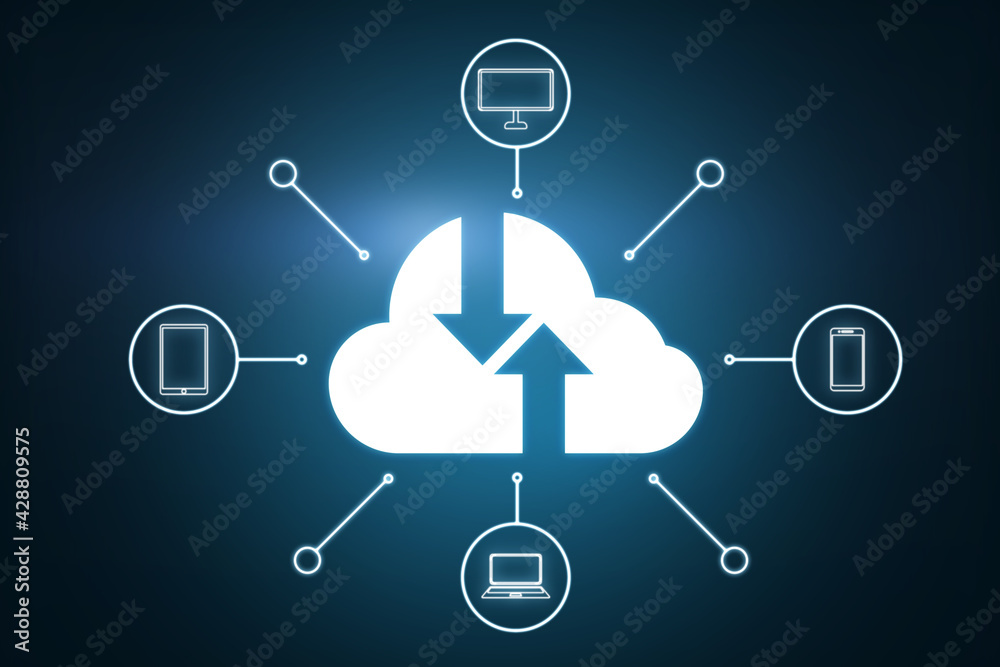 Poster cloud storage concept with white digital cloud, dark arrows on it and gadget icons around on dark ba