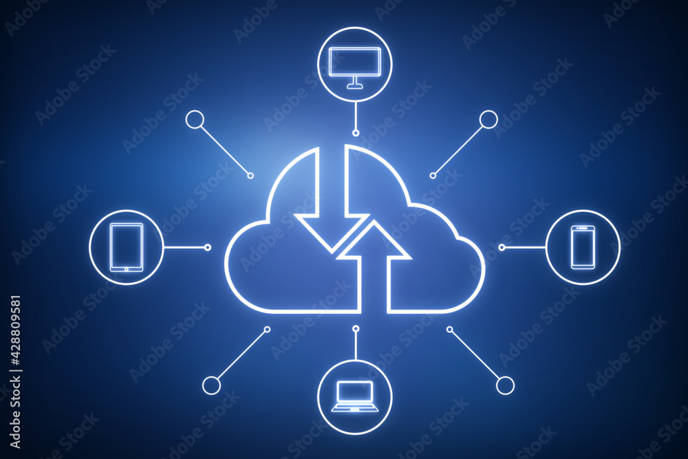 Poster cloud service concept with digital cloud silhouette, arrows on it and mobile items icons around on d