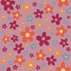 Spring Theme Colorful Red Orange Yellow Blue seamless flower floral pattern on pink  background wallpaper 