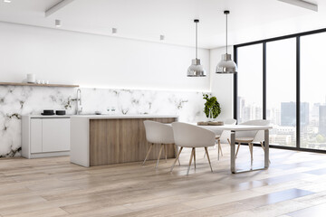 Eco style interior kitchen with light marble walls, wooden floor and countertop, white table and chairs and city view from big window