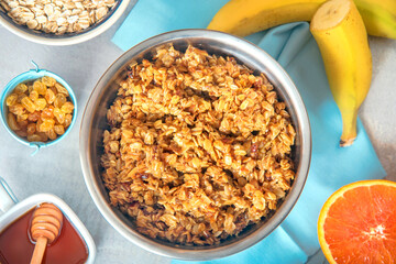Banana oatmeal cookies with honey, dough before baking. Healthy homemade gluten-free oatmeal cookies