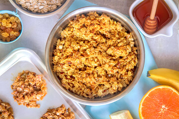 Banana oatmeal cookies with honey, dough before baking. Healthy homemade gluten-free oatmeal cookies