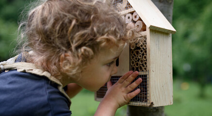 Small girl playing with bug and insect hotel in garden, sustainable lifestyle.