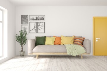 White living room with sofa. Scandinavian interior design. 3D illustration