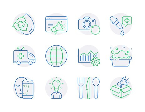 Line icons set. Included icon as Ambulance car, Hand washing, Operational excellence signs. Chemistry pipette, Face biometrics, Education symbols. Food, Globe, Recovery photo line icons. Vector