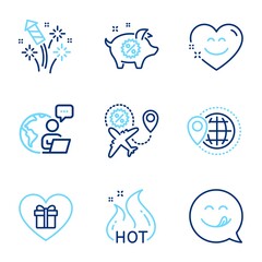 Holidays icons set. Included icon as Smile chat, Hot sale, Piggy sale signs. Romantic gift, Fireworks rocket, Yummy smile symbols. World travel line icons. Heart face, Shopping flame. Vector