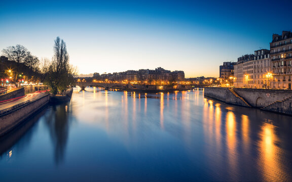 Île Saint-Louis Paris, France. View from the Pont d'Arcole during the blue hour