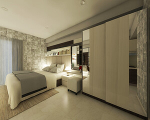 Cozy master bedroom design with dim lighting decoration. Using comfortable bed and minimalist furniture interior. 3d rendering, 3d illustration.