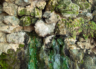 Various sized rocks with green algea is a nice background pattern. These were discovered in Arkansas. Bokeh.