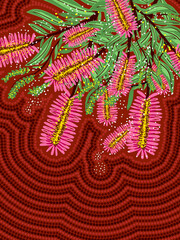 Naklejka premium Pink bottle brush aboriginal artwork