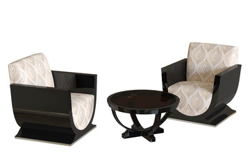 Pair of Art Deco style armchairs with cofe table isolated white