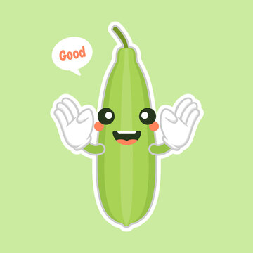 Cute and kawaii Luffa cartoon character. Loofah (Luffa acutangula), or sponge gourd, vegan plant. Hand drawn botanical vector illustration. Loffa vegetarian plant. Vegetable vector illustration