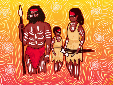 Aboriginal painting - small and happy family concept