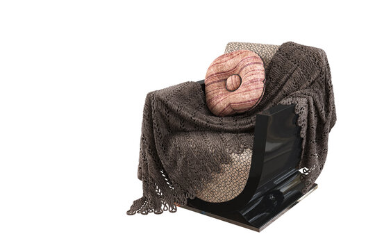 Art Deco style armchair with knitted plaide and decorative cushion isolated white