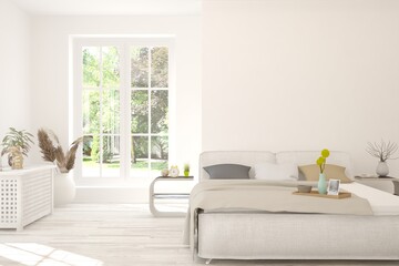 Stylish bedroom in white color with summer landscape in window. Scandinavian interior design. 3D illustration
