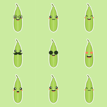Cute and kawaii Luffa cartoon character. Loofah (Luffa acutangula), or sponge gourd, vegan plant. Hand drawn botanical vector illustration. Loffa vegetarian plant. Vegetable vector illustration