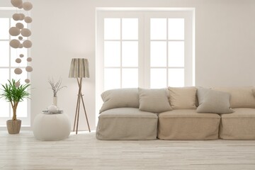 Soft color living room with sofa. Scandinavian interior design. 3D illustration