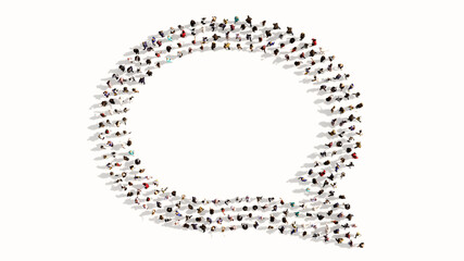 Concept conceptual large community of people forming the emplty cloud sign. 3d illustration metaphor for communication, online talking, chatting, internet discussion