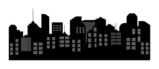 City silhouette. Skyline with building. Cityscape with apartment, skyscraper, house and architecture. Black urban landscape. Night scape of capital town with neighborhood. Graphic panorama. Vector