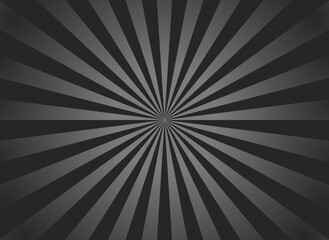 Black sunburst background. Retro background with starburst and ray. Black-gray beam after burst. Abstract vintage texture with white rays of sun. Pattern of pinwheel and stripes. Solar glow. Vector