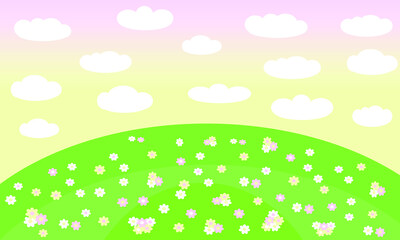 Pastel color colorful bright cartoon dream lawn garden meadow field of flowers in sunset vector summer nature rural countryside landscape background wallpaper