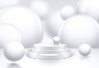 White podium scene with abstract 3D spheres. Minimal background mock up for product presentation