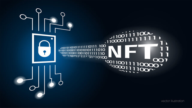 Concept digital key with text NFT, non fungible token. Cryptographic unique token. Chip data memory cell. Dark blue background. Security. Vector