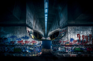 Colorful graffiti under a bridge