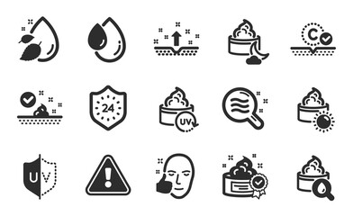 Night cream, Uv protection and Healthy face icons simple set. Oil drop, Clean skin and 24 hours signs. Moisturizing cream, Skin condition and Water drop symbols. Uv protection. Flat icons set. Vector