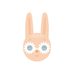 Cute funny bunny face with flower-shaped glasses. The head of a fictional animal character in a summer image. Colorful vector illustration isolated on a white background for kids designs and prints