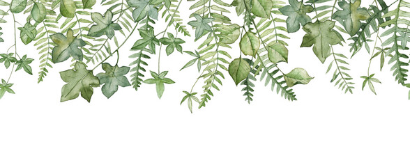 Seamless banner with green leaves. Watercolor hand painted botany © Daria Doroshchuk