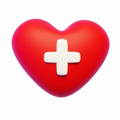 Obraz premium 3d Illustration of cartoon heart with plus on the white background. Cute icon of first aid. Health care. Medical symbol of emergency help. 