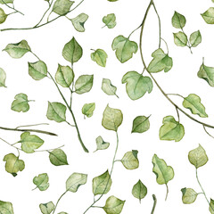 Seamless pattern. Wallpaper with watercolor green leaves