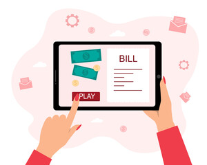 Vector illustrations. Hands holding a tablet with the payment of bills . Payment for utilities, banks, online purchases, flights, restaurants, and other things.