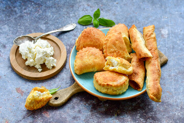 Bakery .Home made mini   cheese pie  with phyllo pastry, white feta cheese  and organic eggs. Bulgarian banitsa