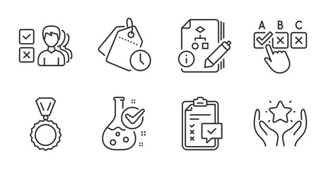 Medal, Opinion and Ranking line icons set. Checklist, Time management and Algorithm signs. Correct checkbox, Chemistry lab symbols. Winner, Choose answer, Hold star. Education set. Vector