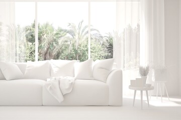 Mock up of stylish room in white color with sofa and green landscape in window. Scandinavian interior design. 3D illustration