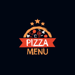 Hand drawn pizza menu logo or label design. Pizzeria, food concept. Textured illustration on black background