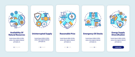 Energy security components onboarding mobile app page screen with concepts. Natural resources walkthrough 5 steps graphic instructions. UI, UX, GUI vector template with linear color illustrations