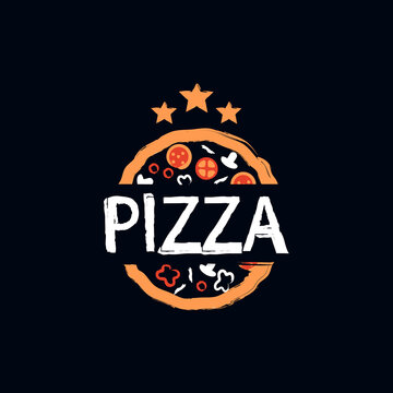 Hand drawn pizza  logo or label design. Pizzeria, food concept. Textured illustration on black background