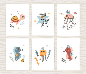 Fototapeta na wymiar Cute posters collection wuth turtle, jellyfish and seahorse.