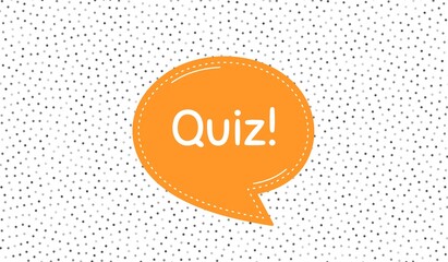 Quiz symbol. Orange speech bubble on polka dot pattern. Answer question sign. Examination test. Dialogue or thought speech balloon on polka dot background. Quiz chat think thought bubble. Vector