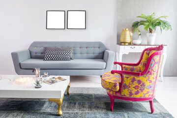 modern stone wall luxury living room and modern lamp, interior design