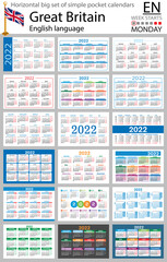 English horizontal pocket calendars for 2022. Week starts Monday