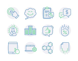 Technology icons set. Included icon as Loan percent, Smile, Chemistry lab signs. Spanner, Payment received, Notebook service symbols. Like, Touchscreen gesture, Tablet pc. Chemical formula. Vector