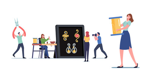 Handmade Craft Concept. Tiny Women Jewelry Designers Create Bijouterie and Necklaces, Earrings, Bracelets Using Wire