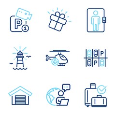 Transportation icons set. Included icon as Parking garage, Lighthouse, Gift signs. Medical helicopter, Parking place, Baggage reclaim symbols. Elevator line icons. Line icons set. Vector